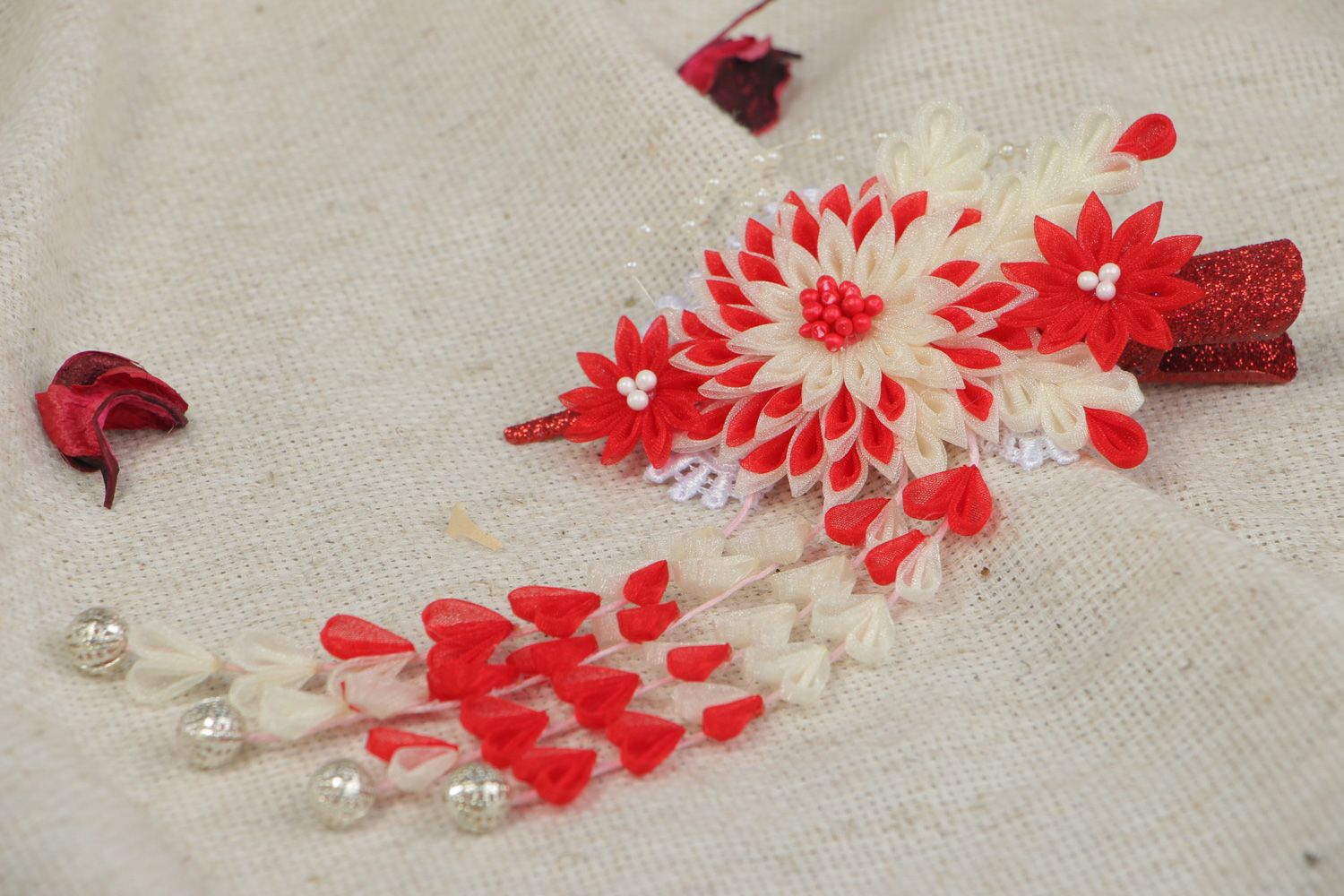 Festive handmade hair clip with kanzashi flower in red and white color palette photo 5