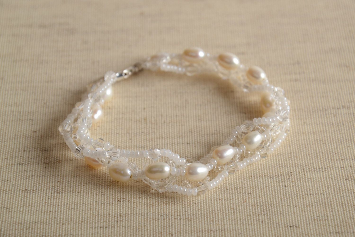 Handmade beautiful delicate elegant beaded white bracelet with pearls present for girl photo 1