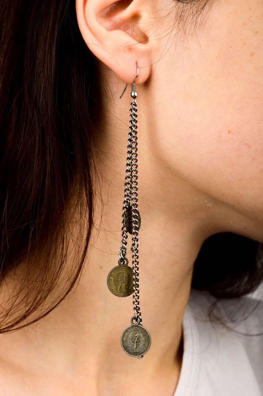 Boucles d'oreilles métal Bijou fait main chaînes piécettes Accessoire femme photo 2