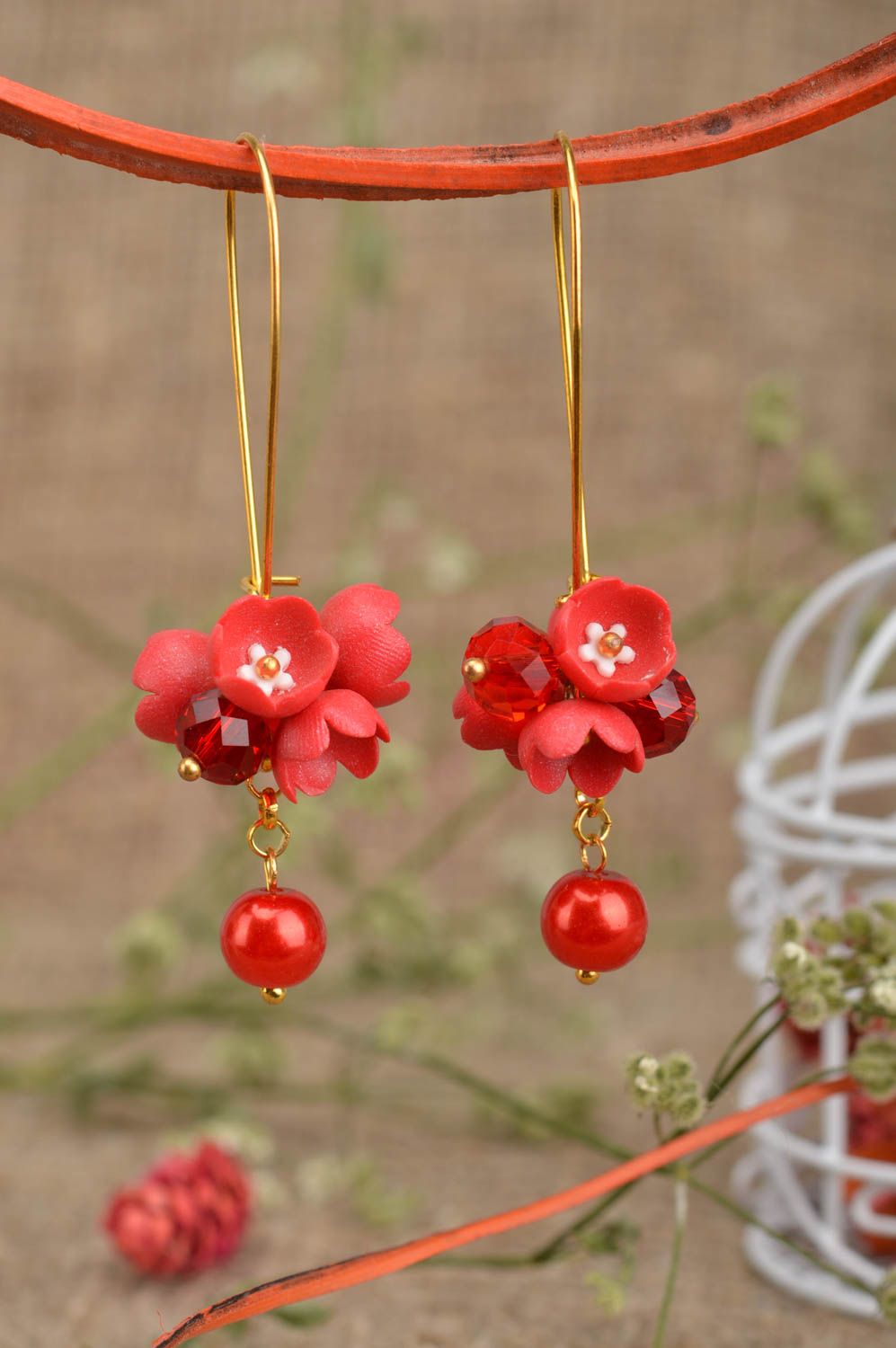 Handmade bright earrings flower accessory made of clay designer jewelry photo 1