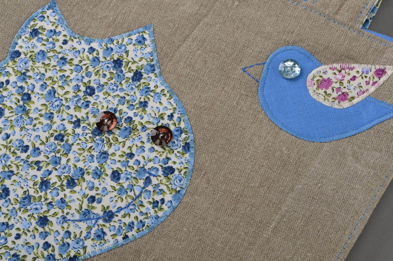 Handmade designer linen fabric bag gray and blue with applique work Kitten photo 2