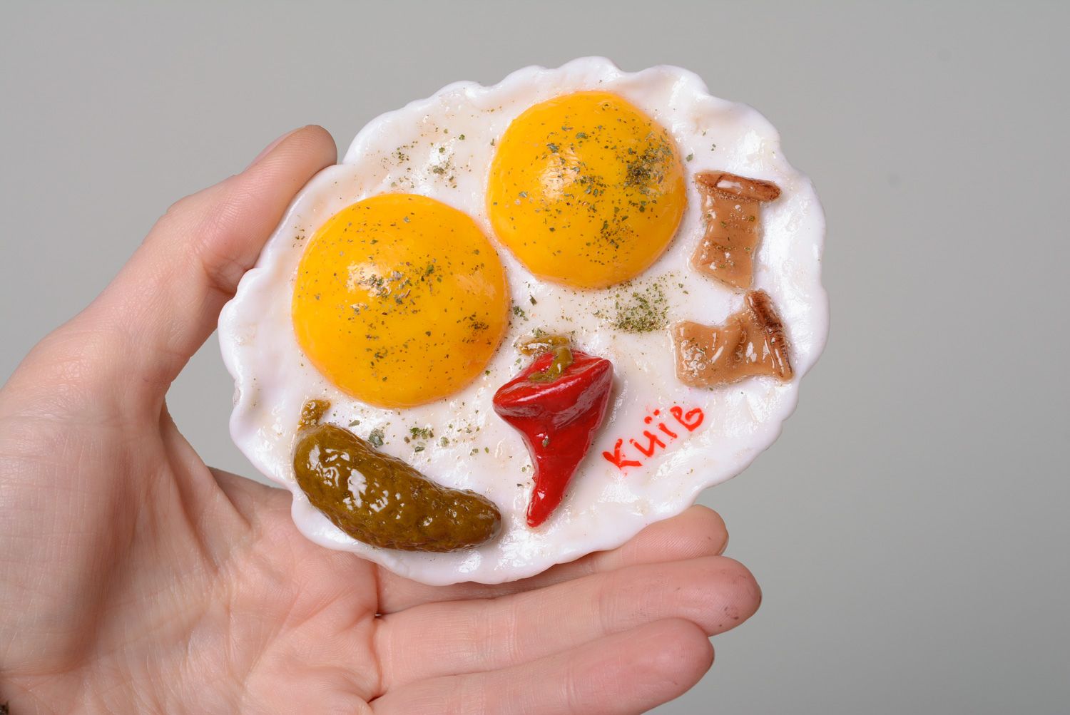 Handmade decorative polymer clay refrigerator magnet for kitchen fried eggs photo 5