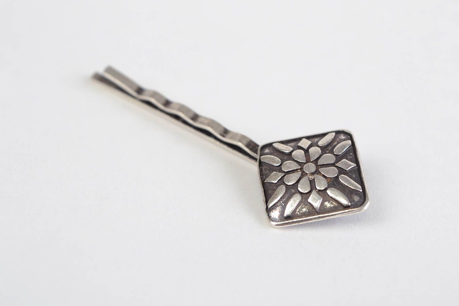Beautiful handmade designer metal bobby pin in the shape of rhombus with pattern photo 1