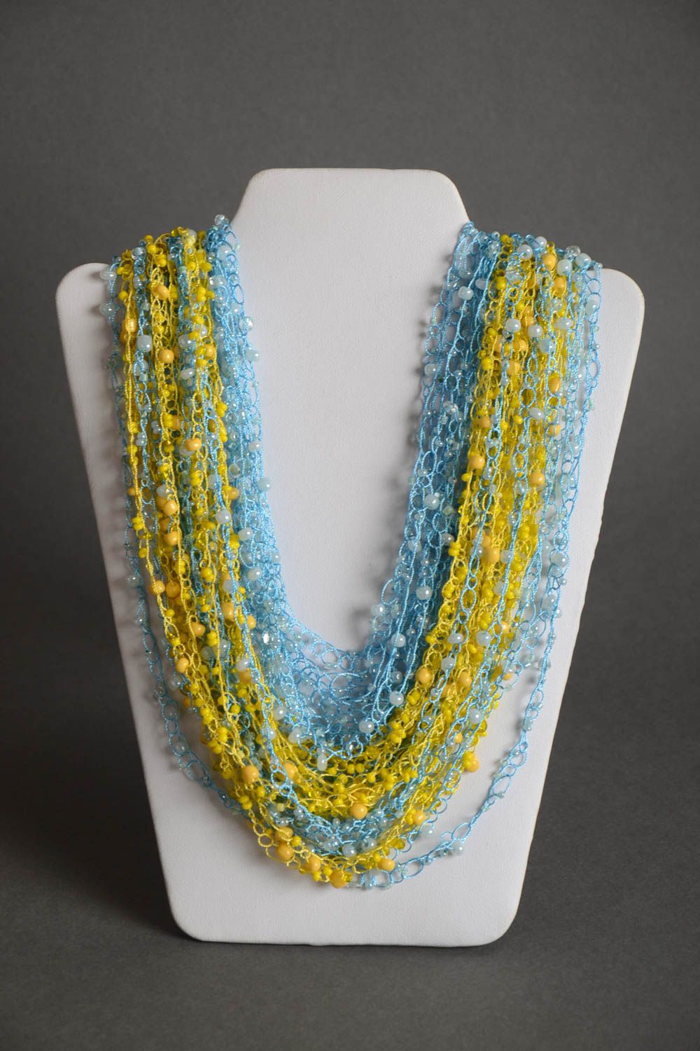 Yellow and blue handmade multirow airy beaded necklace designer accessory photo 2