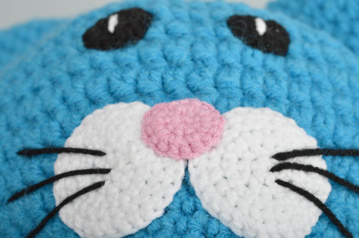 Handmade designer children's hat crocheted of blue cotton and woolen threads Cat photo 4