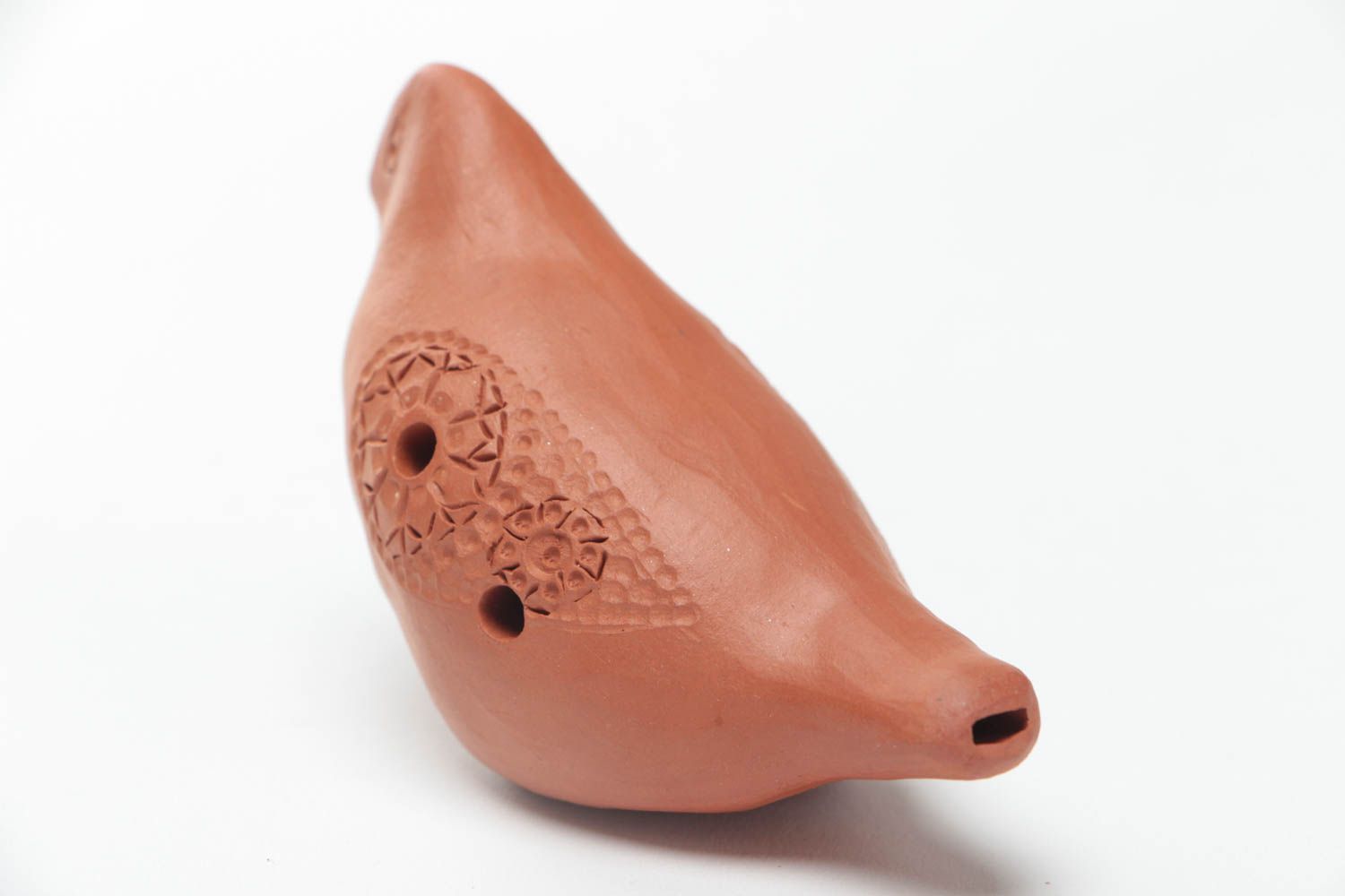 Small homemade brown clay penny whistle ocarina in the shape of bird photo 4