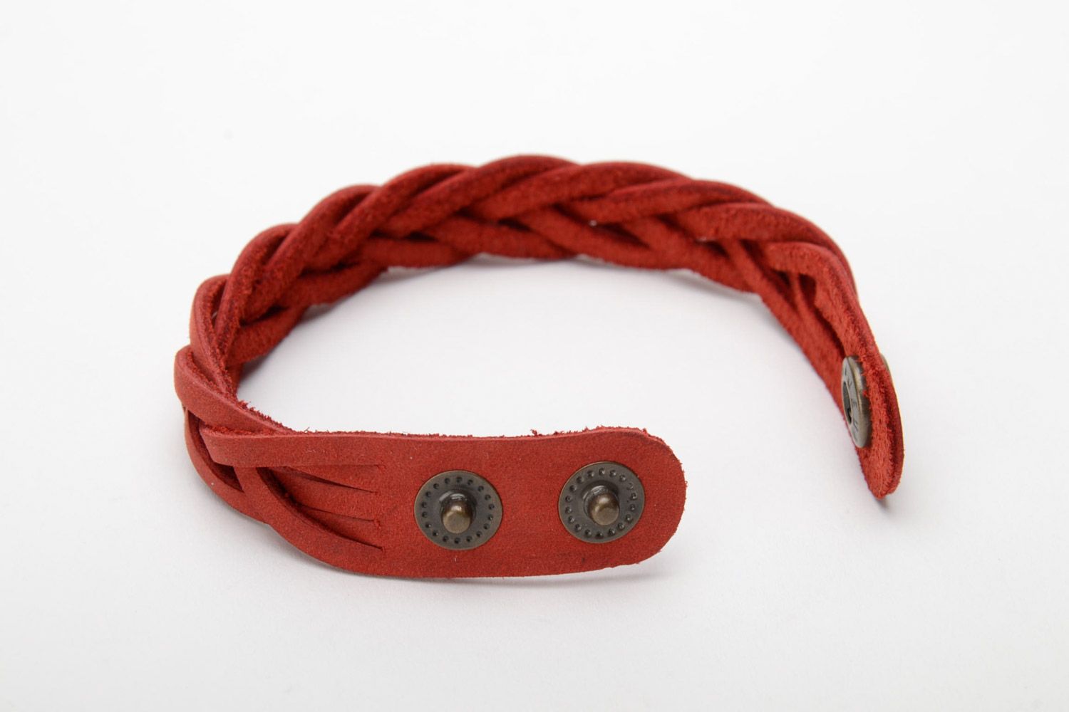 Thin elegant handmade wrist bracelet woven of red genuine leather for women photo 4