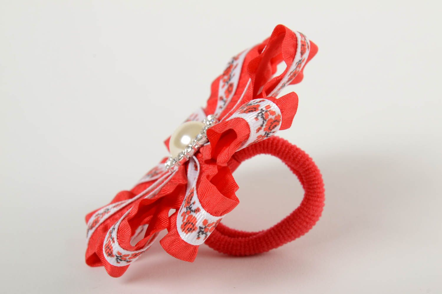 Red handmade scrunchy made of rep and satin ribbons handmade barrette for girl photo 4