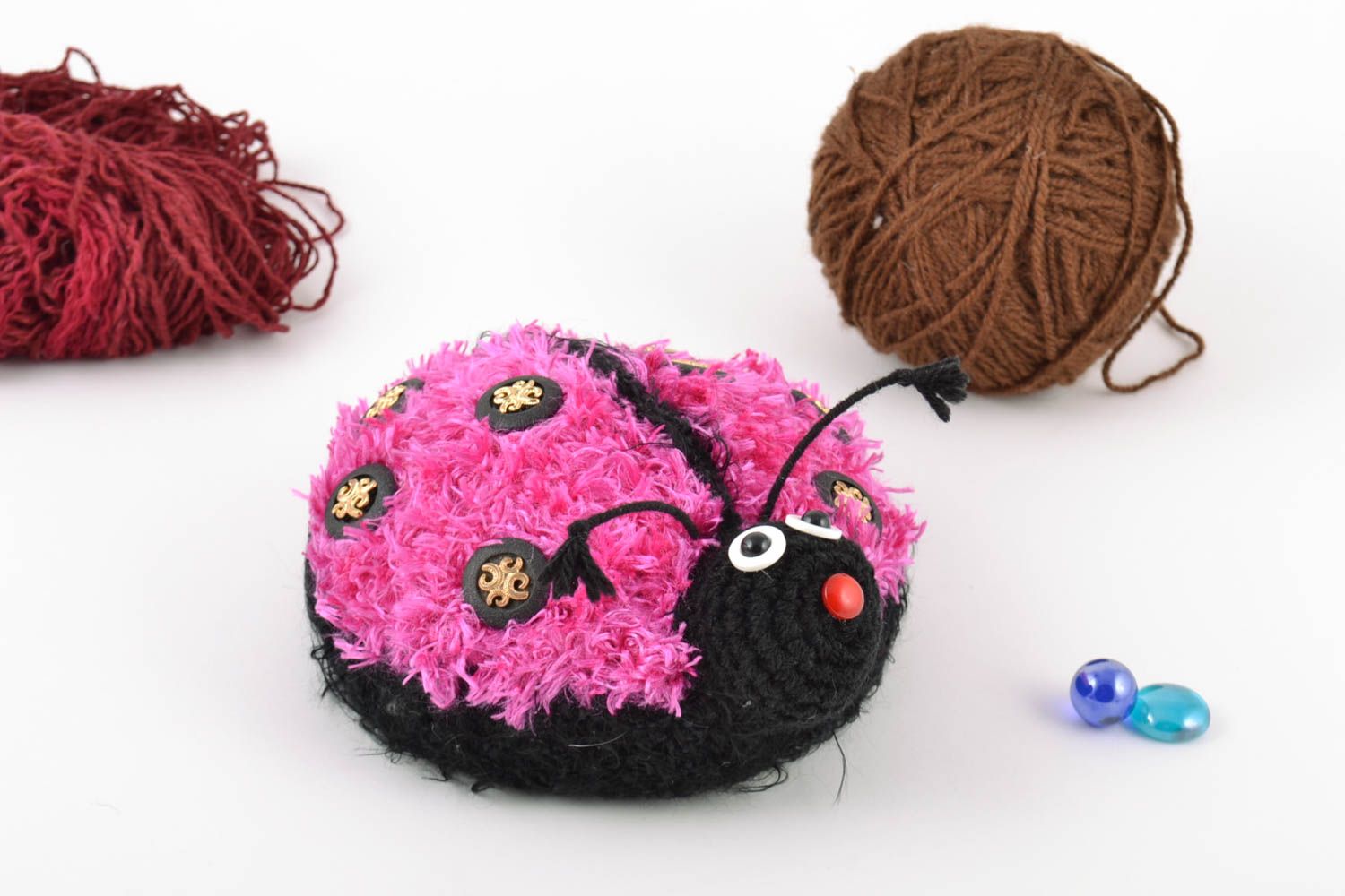 Handmade pink crochet soft toy created using amigurumi technique in the shape of ladybug photo 1