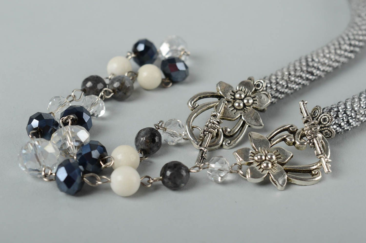 Beaded lariat necklace handmade jewelry beaded jewelry in gray shades girl gift  photo 3