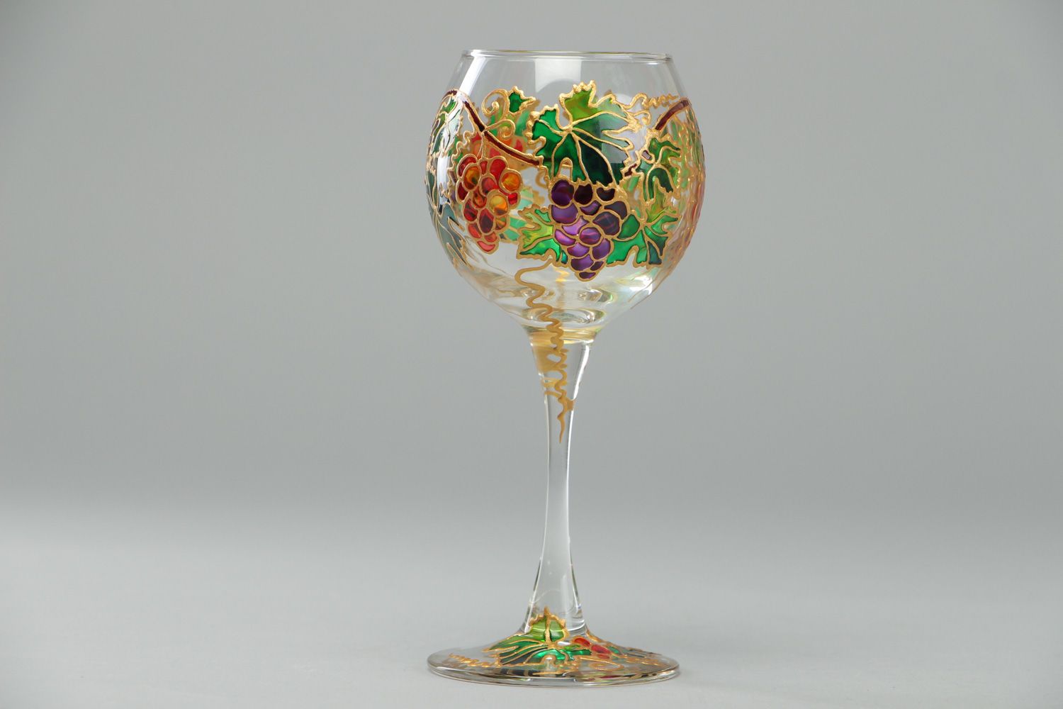 Handmade wine glass on long leg decorated with stained glass painting  photo 1
