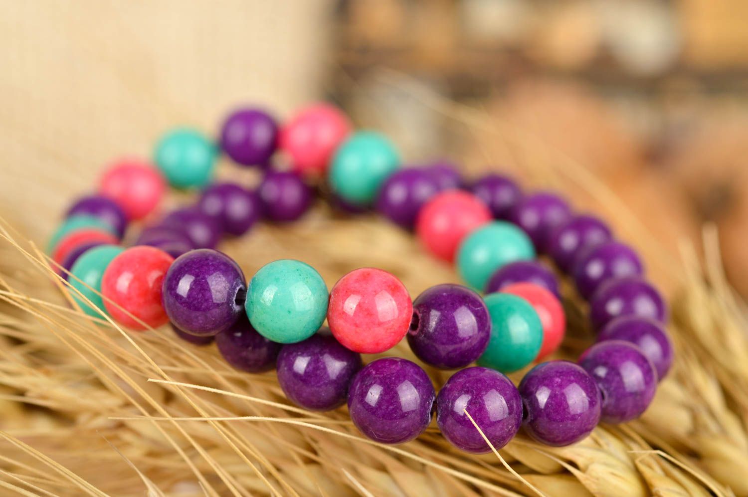 Two pieces, two-layer bracelet set of purple and multicolor beads photo 1