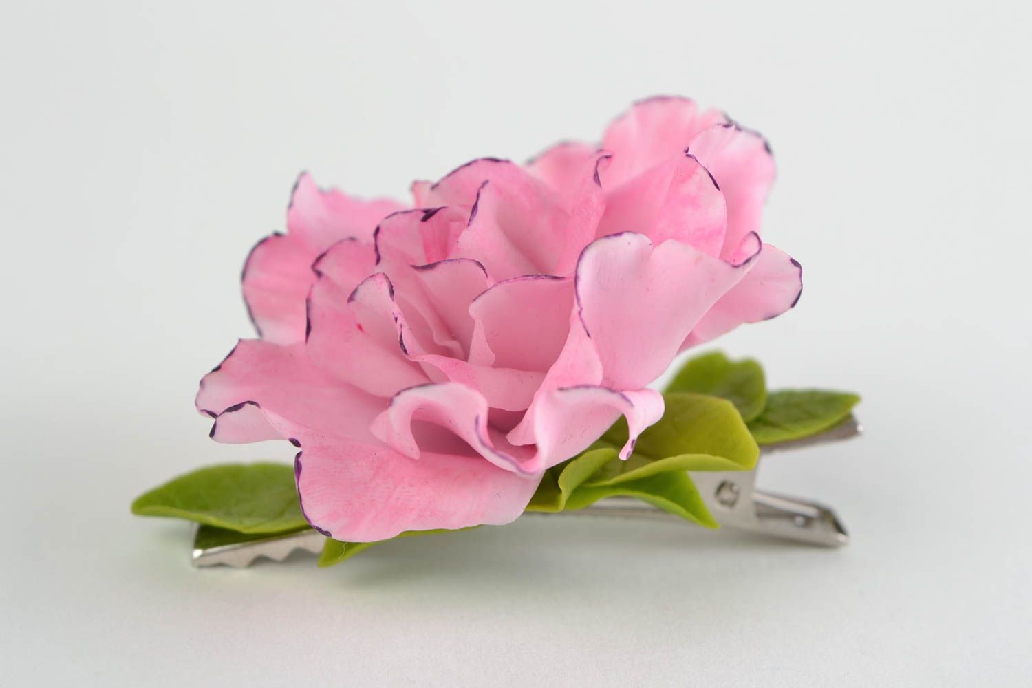 Pretty handmade pink hair clip with flower made of cold porcelain fine accessory photo 3