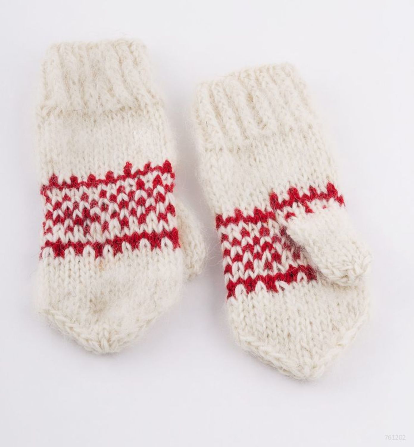 White woolen mittens with red ornament photo 2