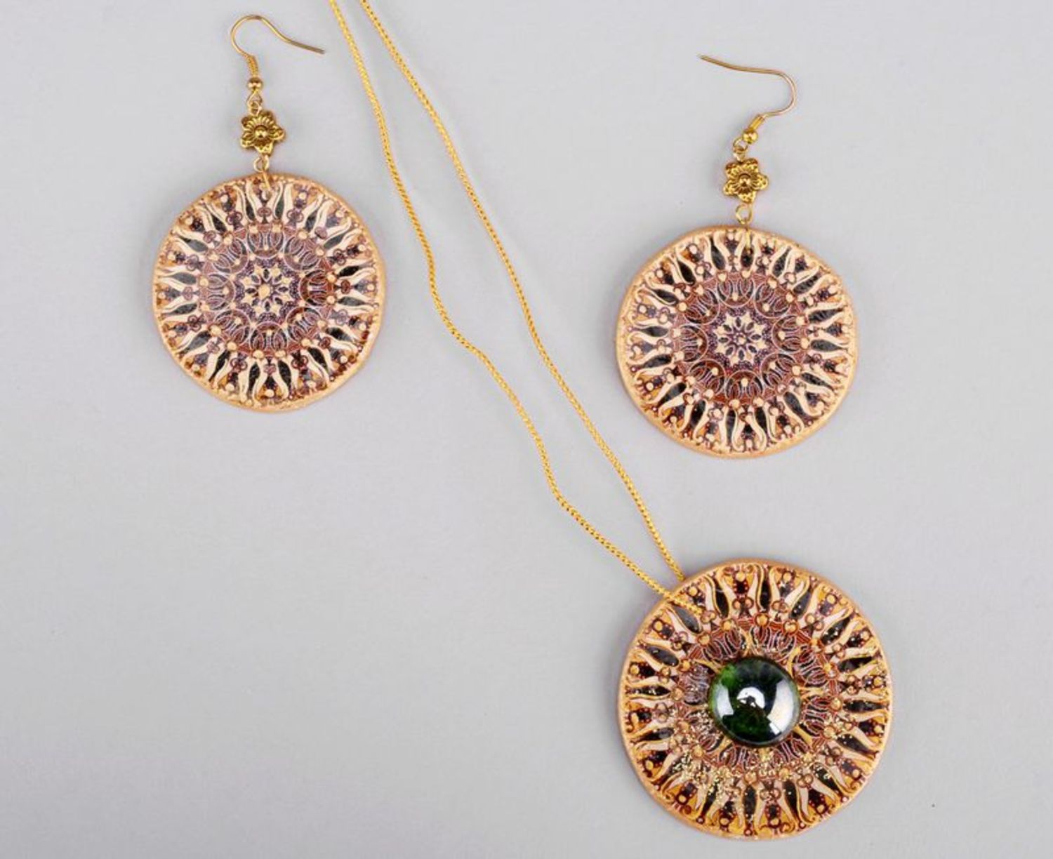 Set of ceramic jewelry: earrings and pendant Mandala of stability, strength and self-confidence  photo 1