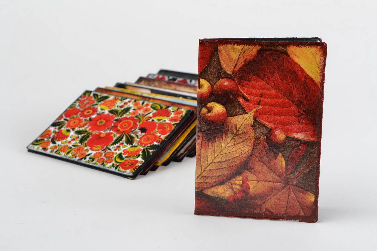Handmade colorful faux leather passport cover with decoupage Autumn Leaves photo 1