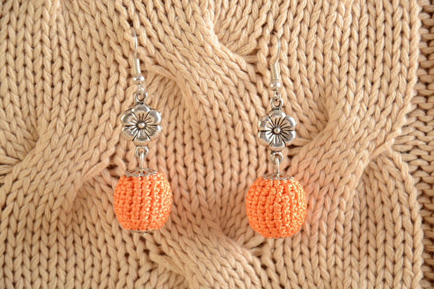 Beautiful orange homemade crochet ball earrings with unusual design photo 1