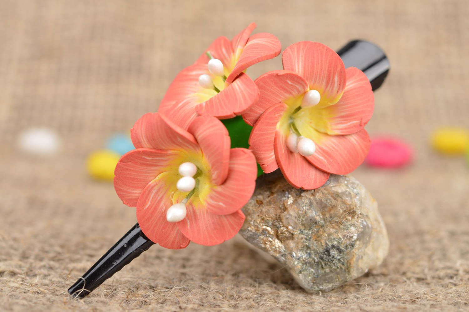 Handmade stylish designer hair clip made of polymer clay clip with flowers photo 1