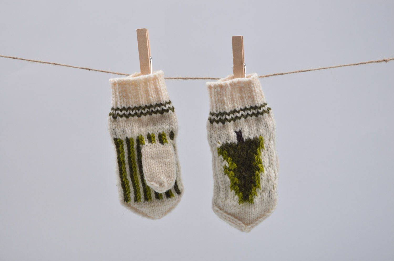 Handmade small mittens knitted of natural wool with fir trees Christmas present photo 5