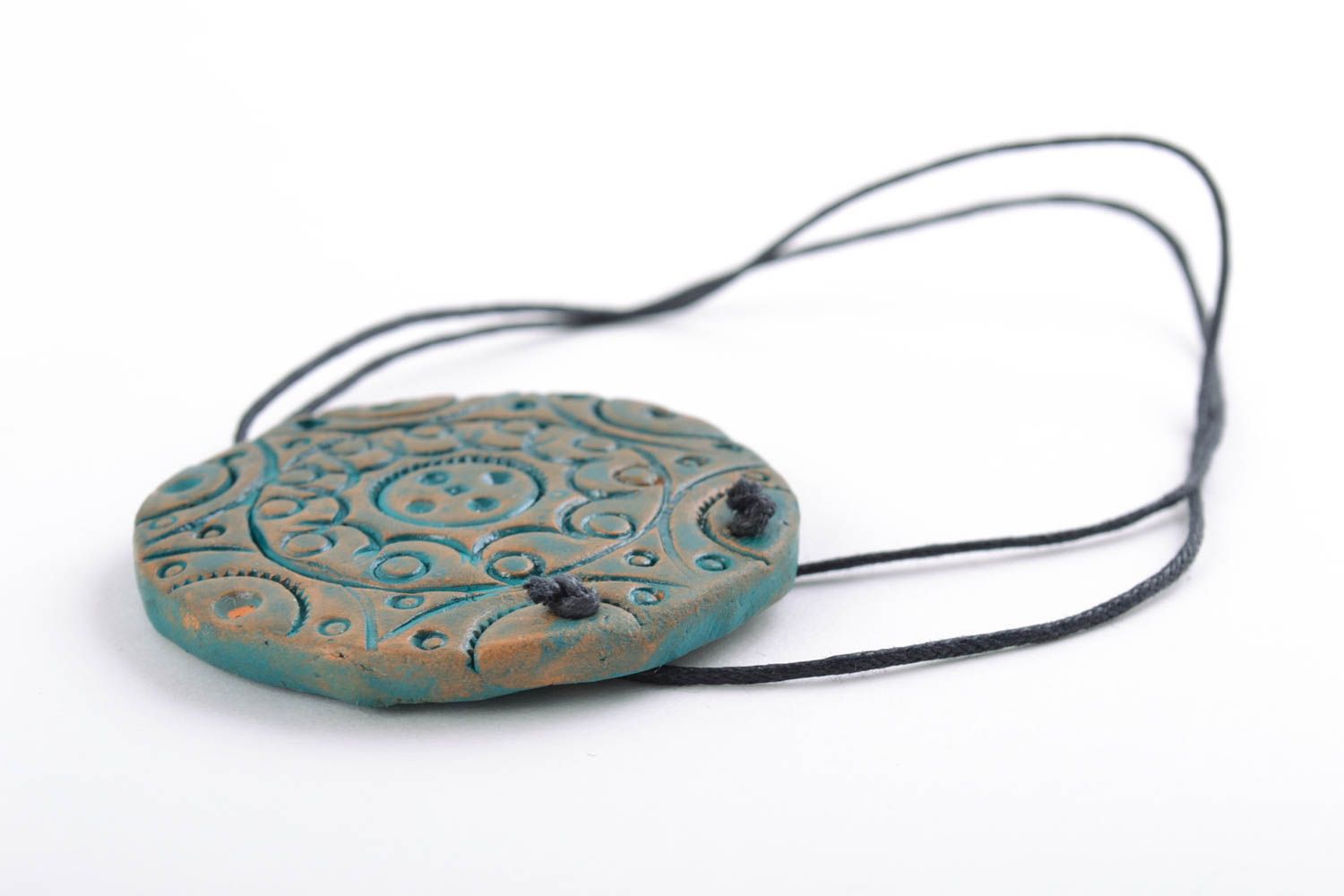 Handmade round ceramic ethnic pendant painted with blue acrylics for women photo 5