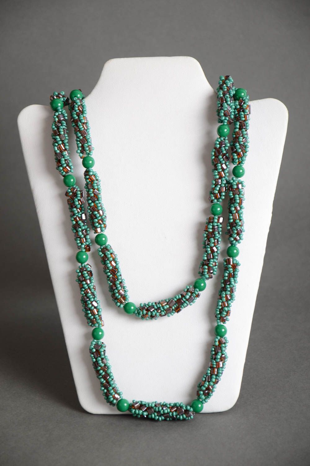 Stylish handmade necklace crocheted of Czech beads in green color palette photo 2