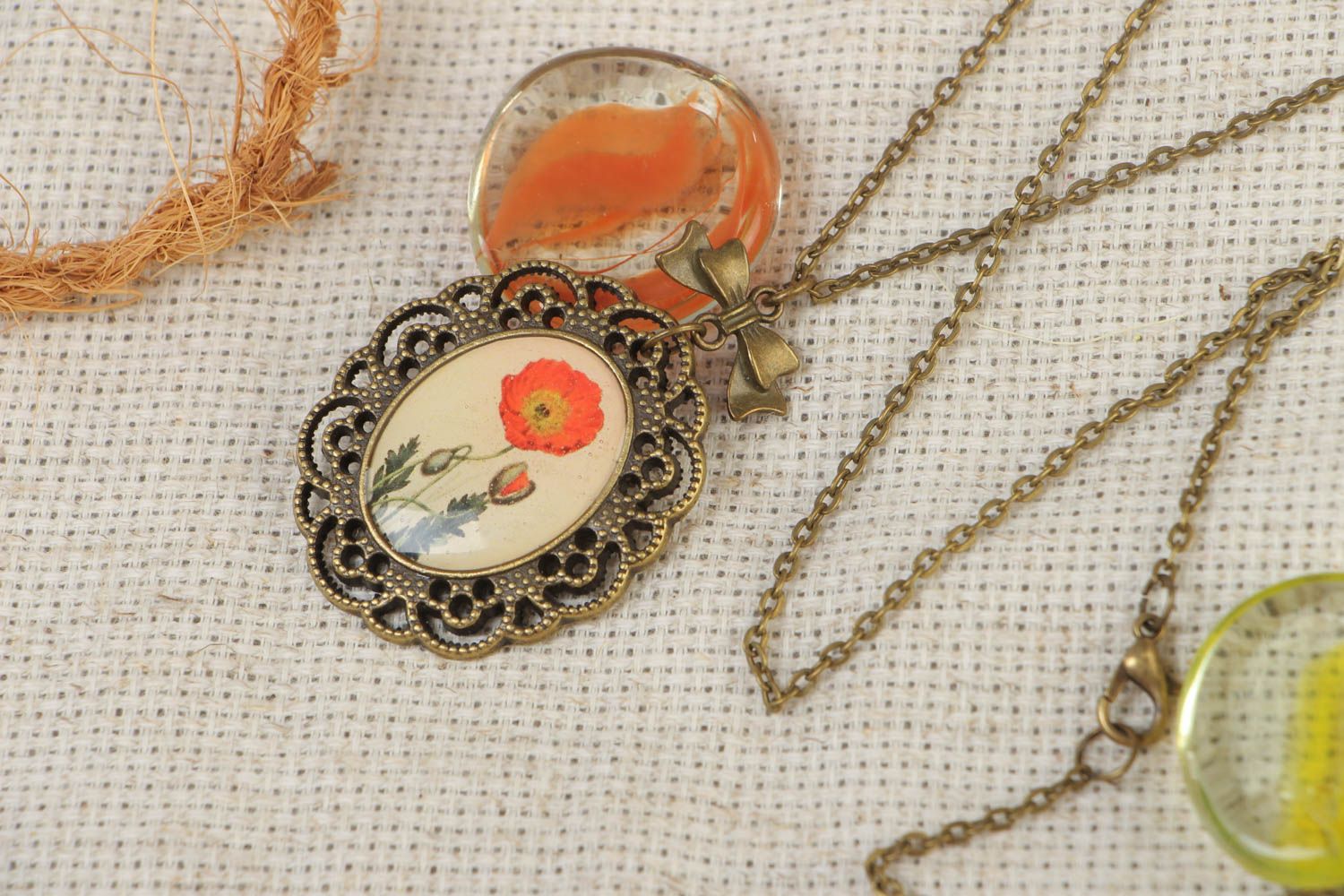 Handmade metal pendant necklace with flower image coated with glass glaze on chain photo 1