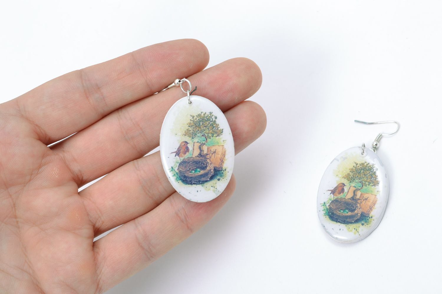 Decoupage oval earrings with drawing photo 2
