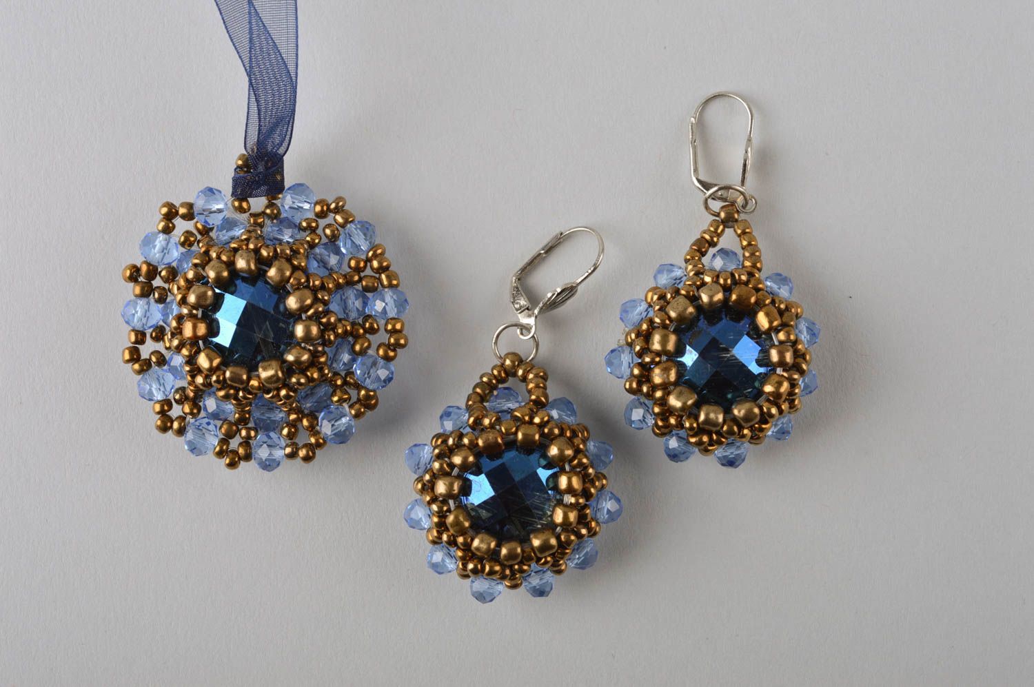 Handmade beaded jewelry set of handmade jewelry long earrings beaded pendant photo 3