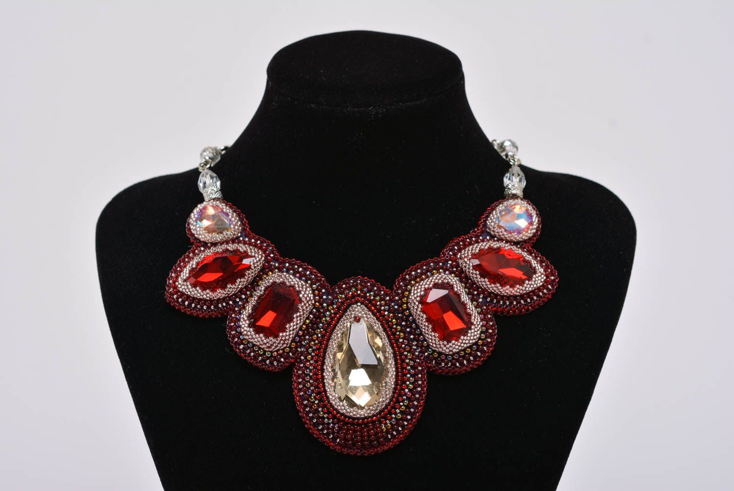 Beautiful handmade designer women's beaded necklace with glass cabochons photo 2