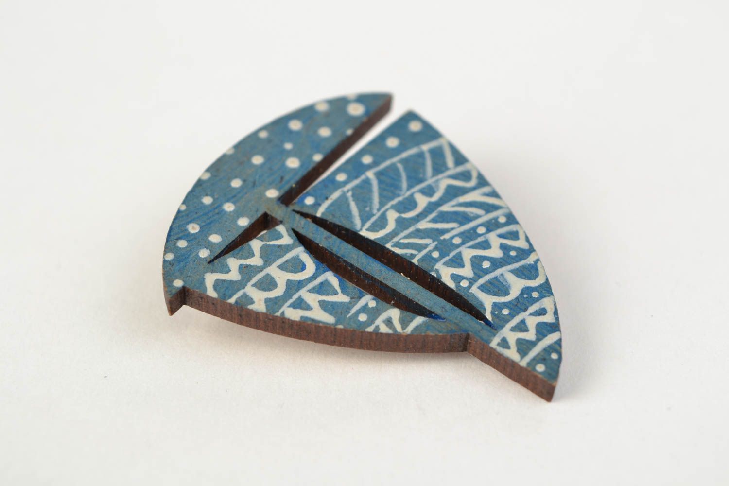 Handmade designer wooden brooch painted with acrylics blue Sailboat photo 3