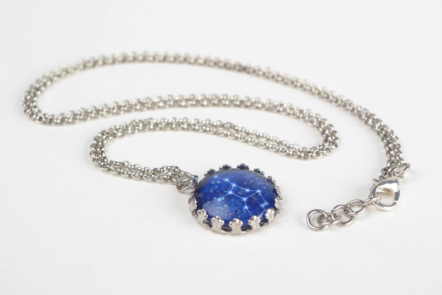 Designer handmade round blue glass pendant with Virgo constellation on chain photo 1