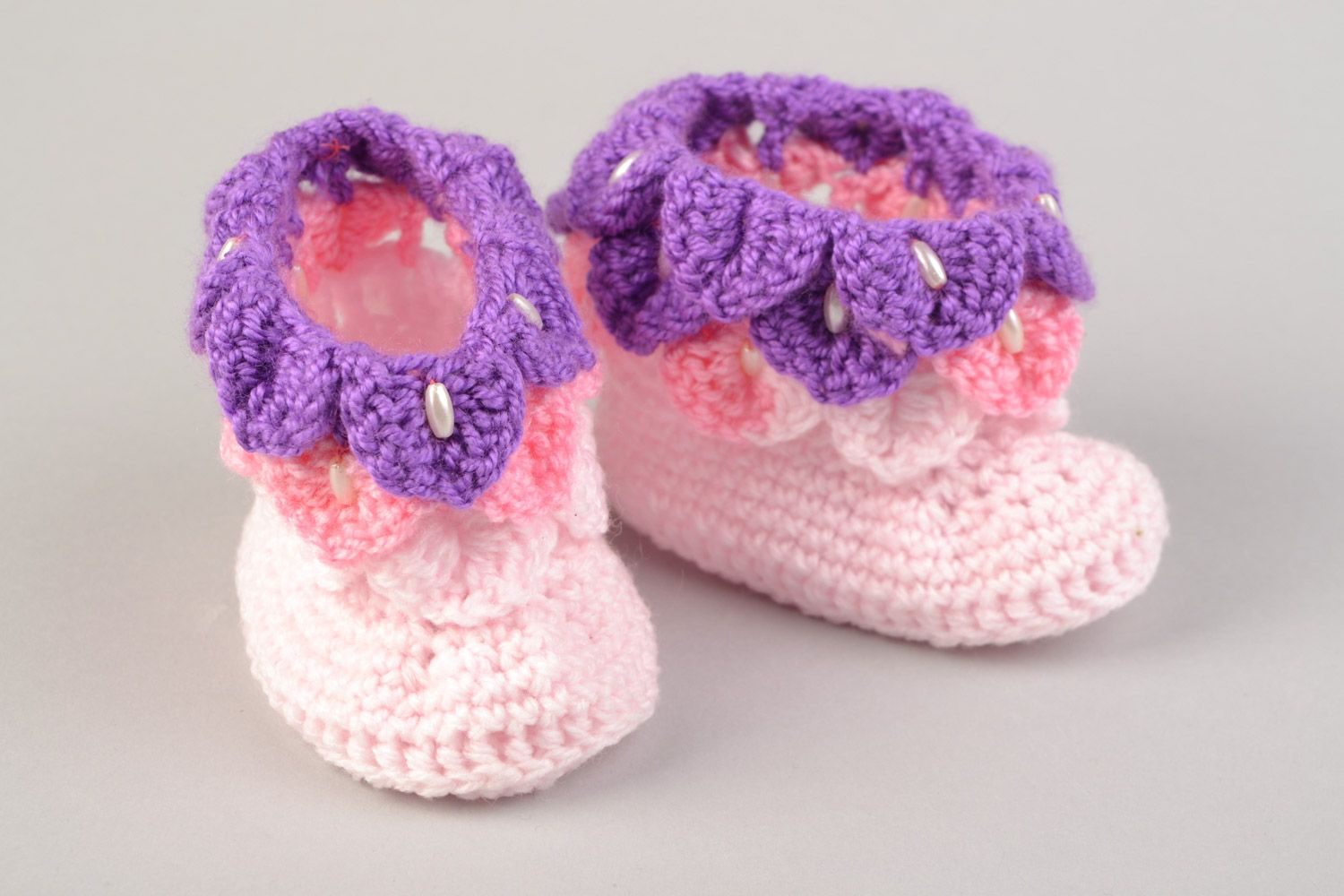 Handmade baby girl festive pink and violet shoes crocheted of acrylic threads photo 4