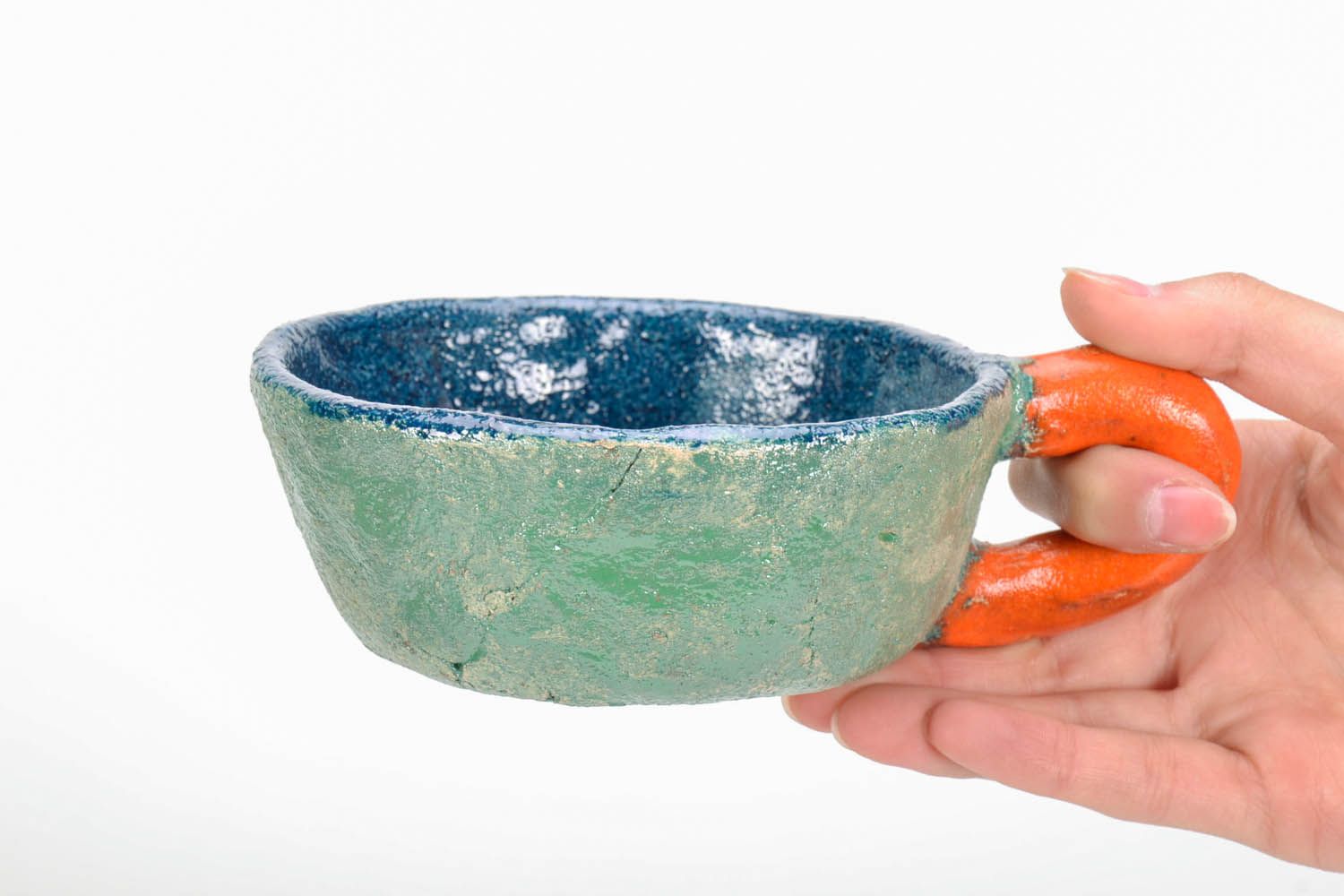 Hand-molded clay glazed green, orange, blue cup with handle photo 5
