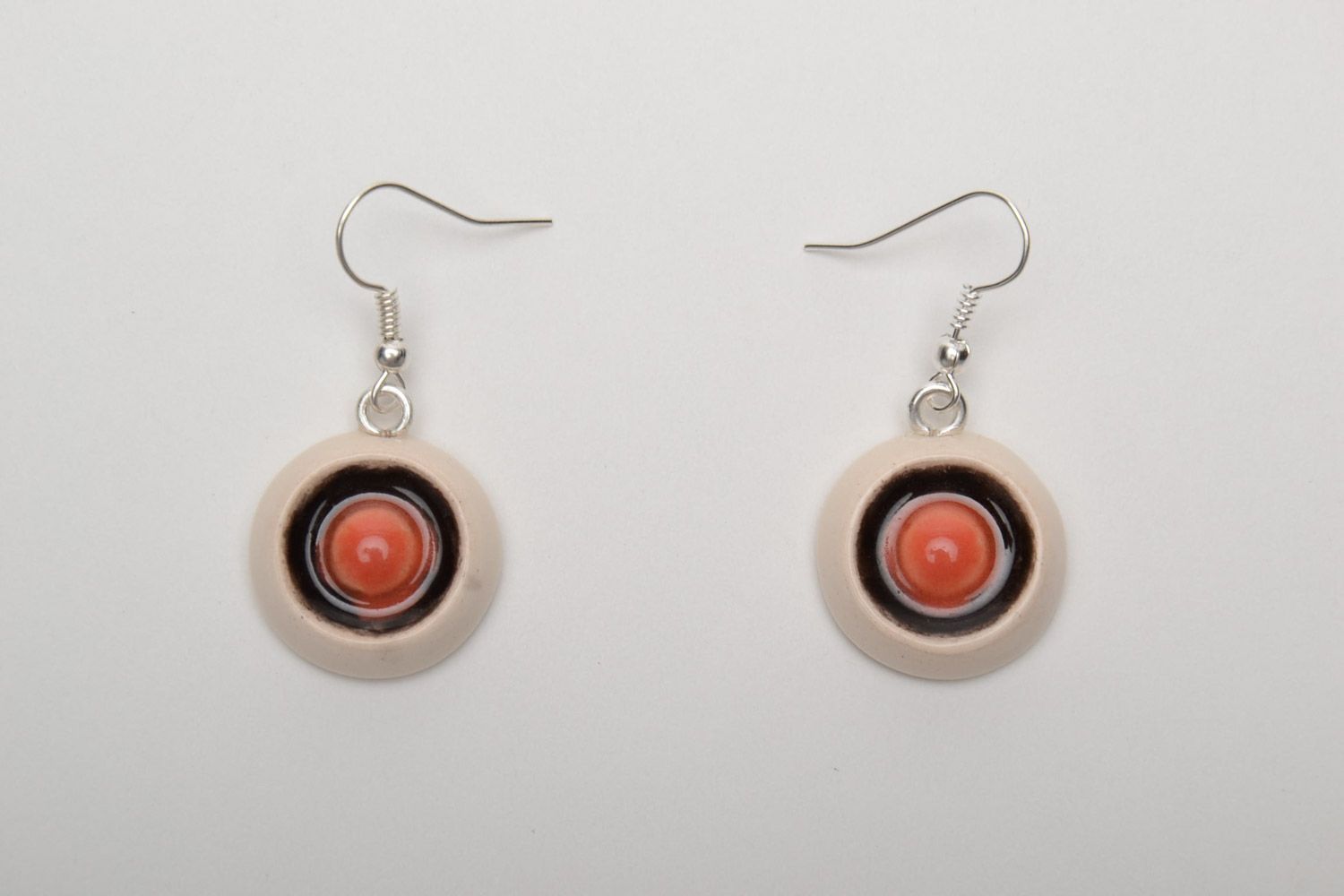 Small round earrings hand made of white clay and coated with enamel photo 5