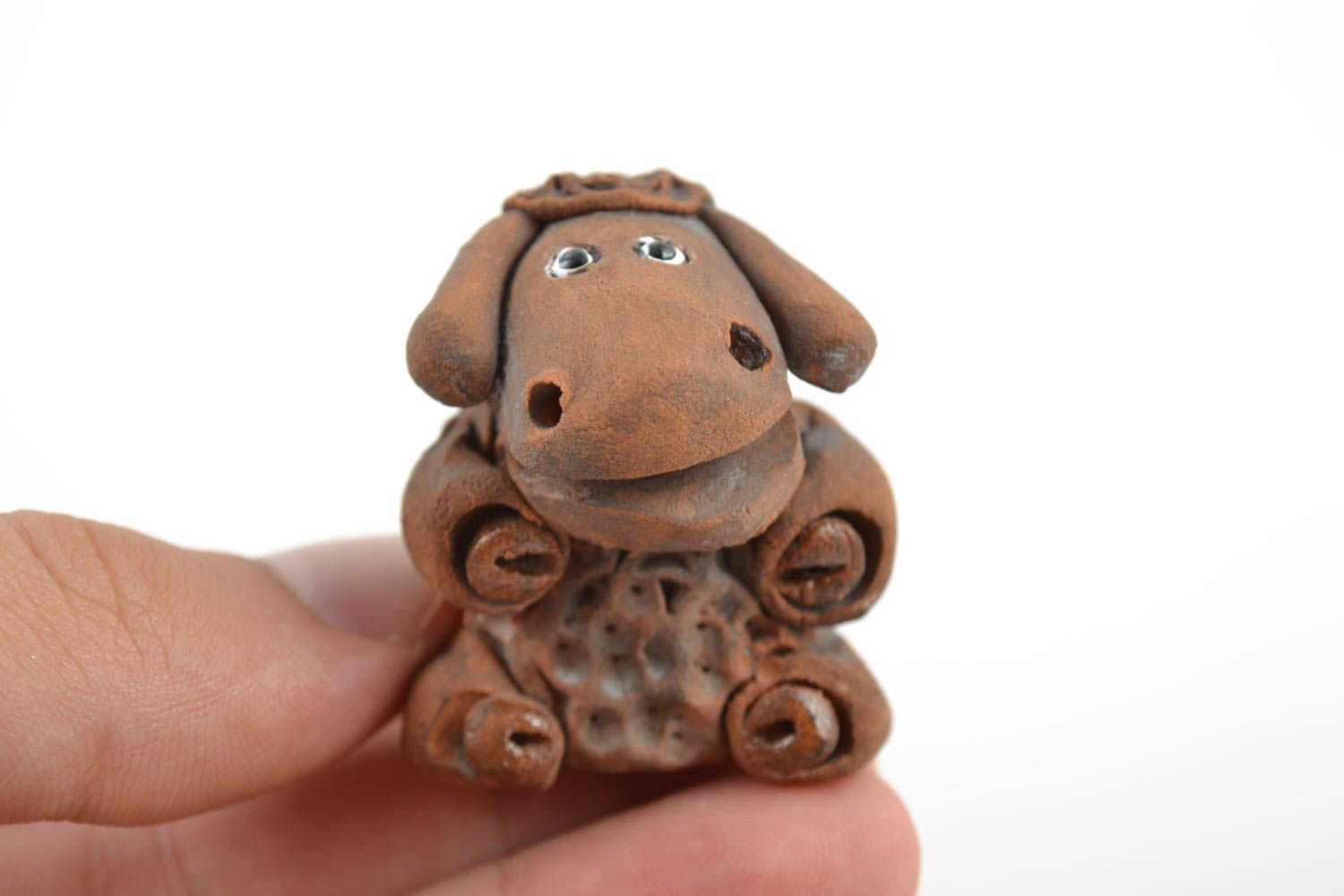 Handmade tiny designer collectible dark brown ceramic figurine of lamb photo 2