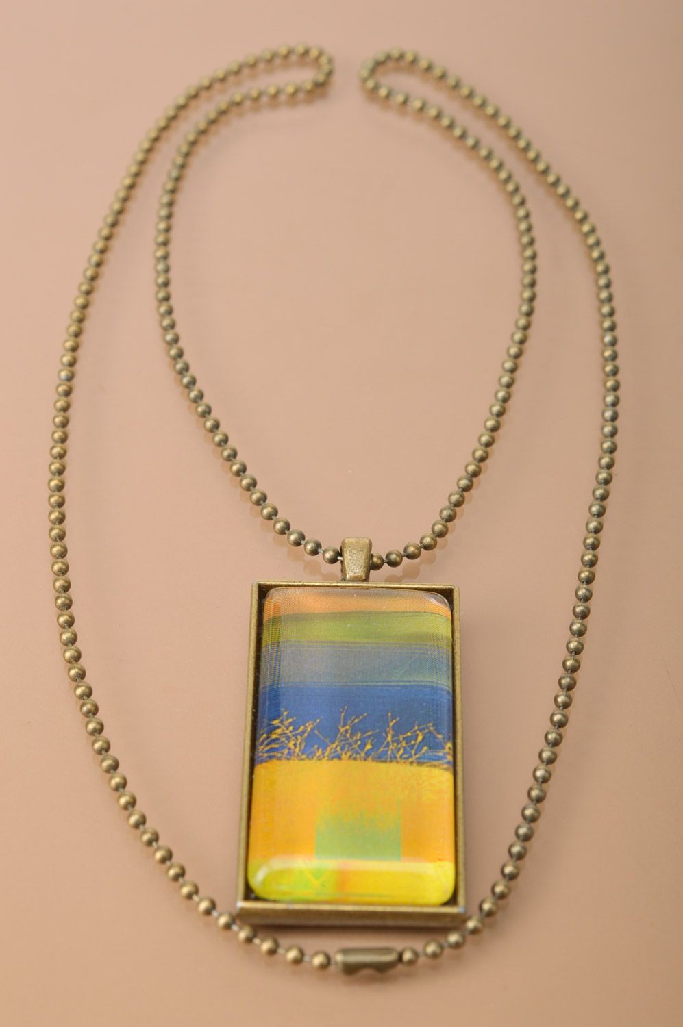Handmade designer rectangular pendant with print on long chain for women photo 2