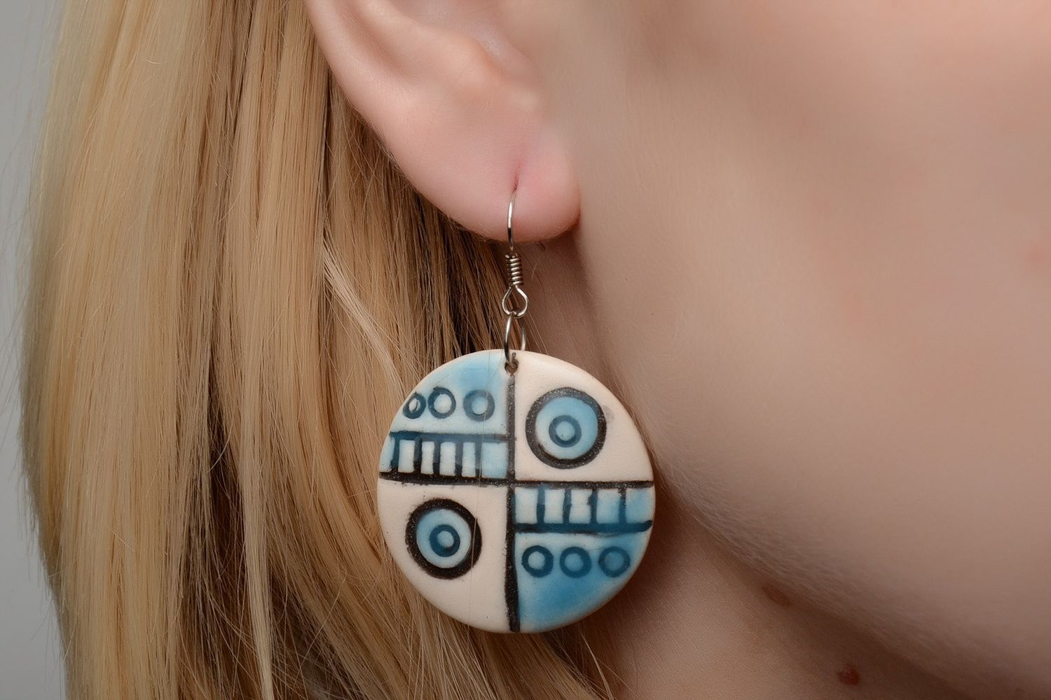 Beige and blue handmade large clay round earrings with charms photo 2
