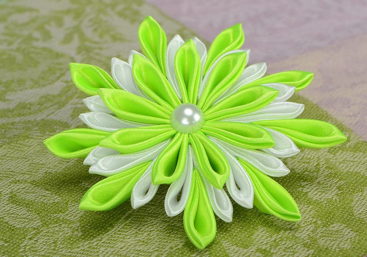 Light green-white scrunchy with satin flower photo 1
