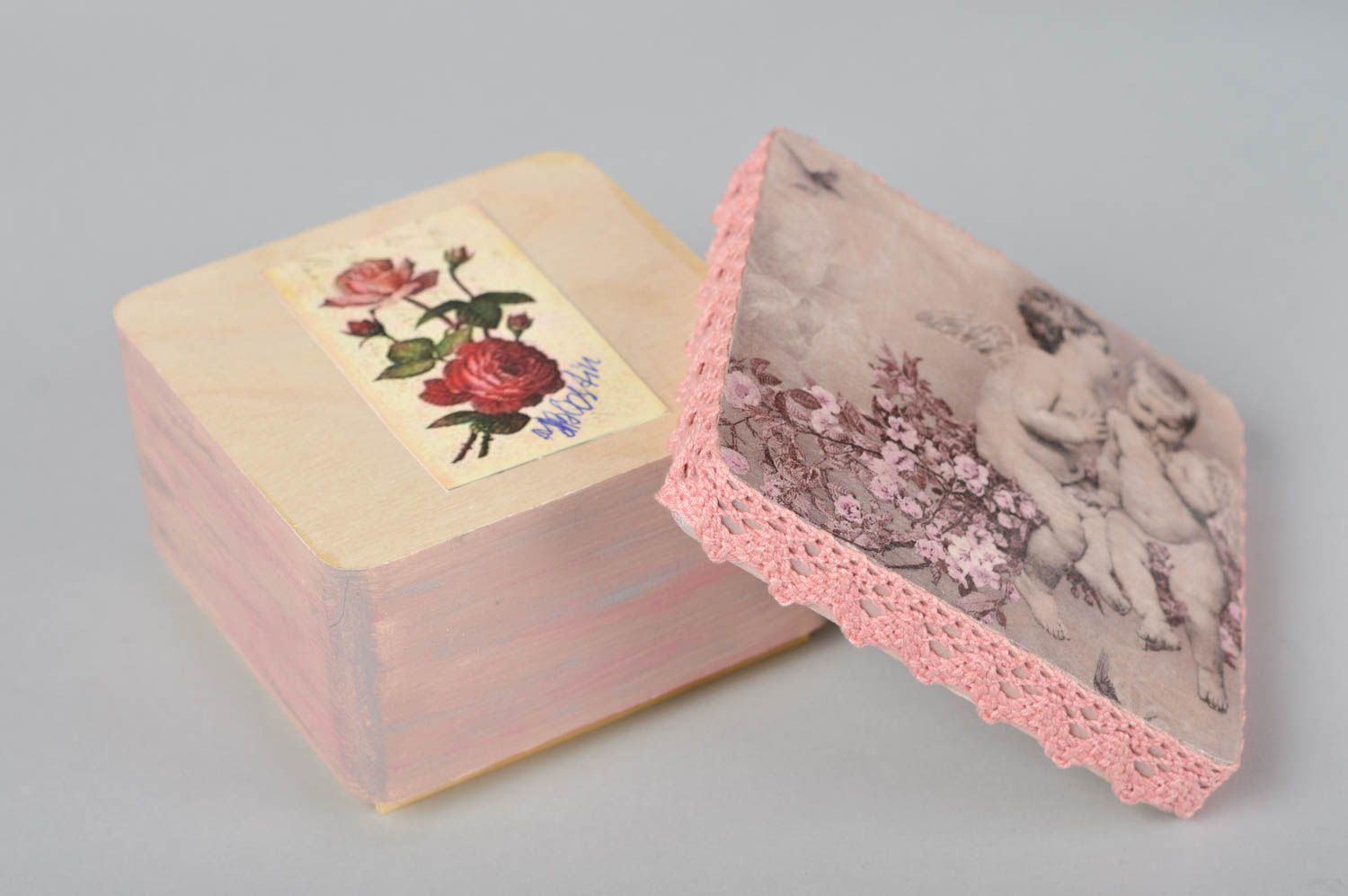 Handmade Schatulle aus Holz Vintage Deko Idee Geschenk für Frau quadratisch rosa foto 4