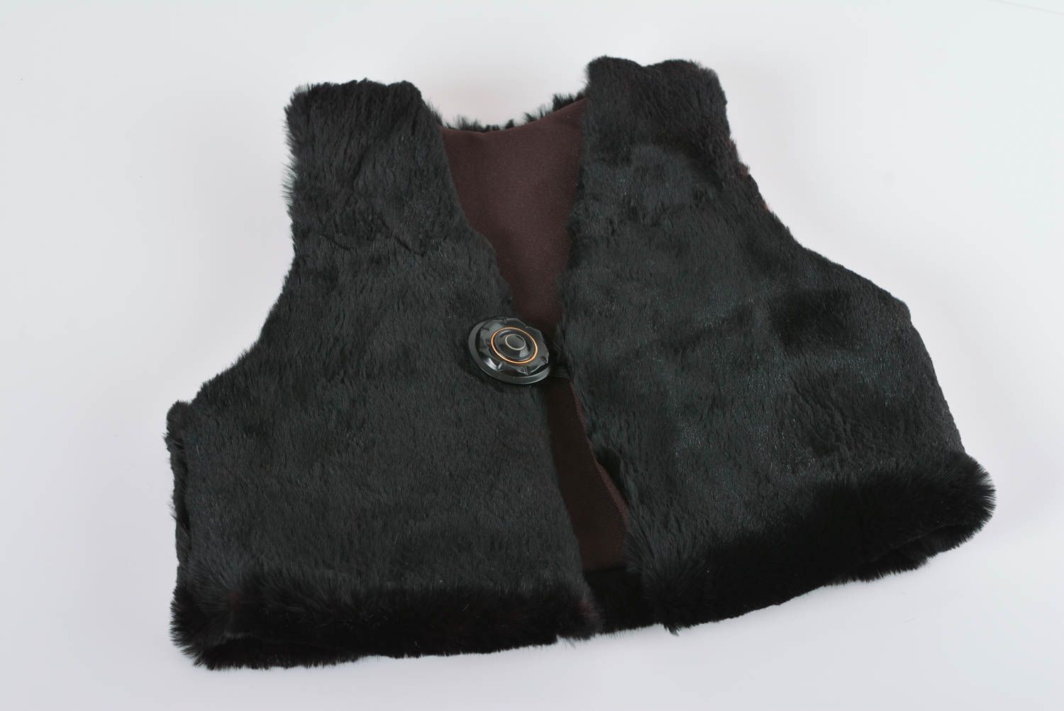 Handmade black warm faux fur vest for kids with big plastic button photo 1