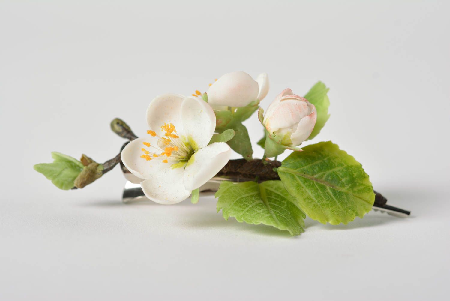 Handmade designer floral hair clip with polymer clay branch of blooming apricot photo 2