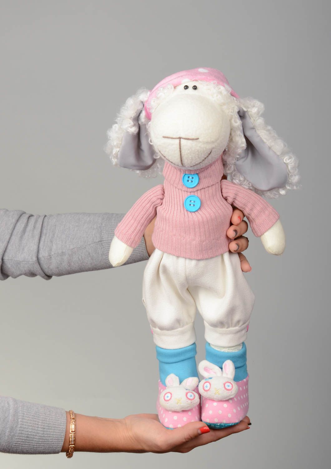 Peluche mouton en tissus de lin et tricot fait main décorative pour enfants photo 5
