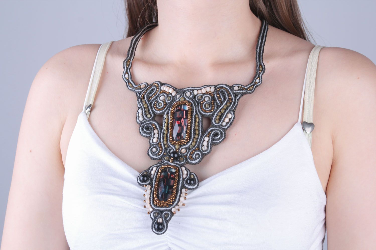 Soutache necklace with natural stones photo 4