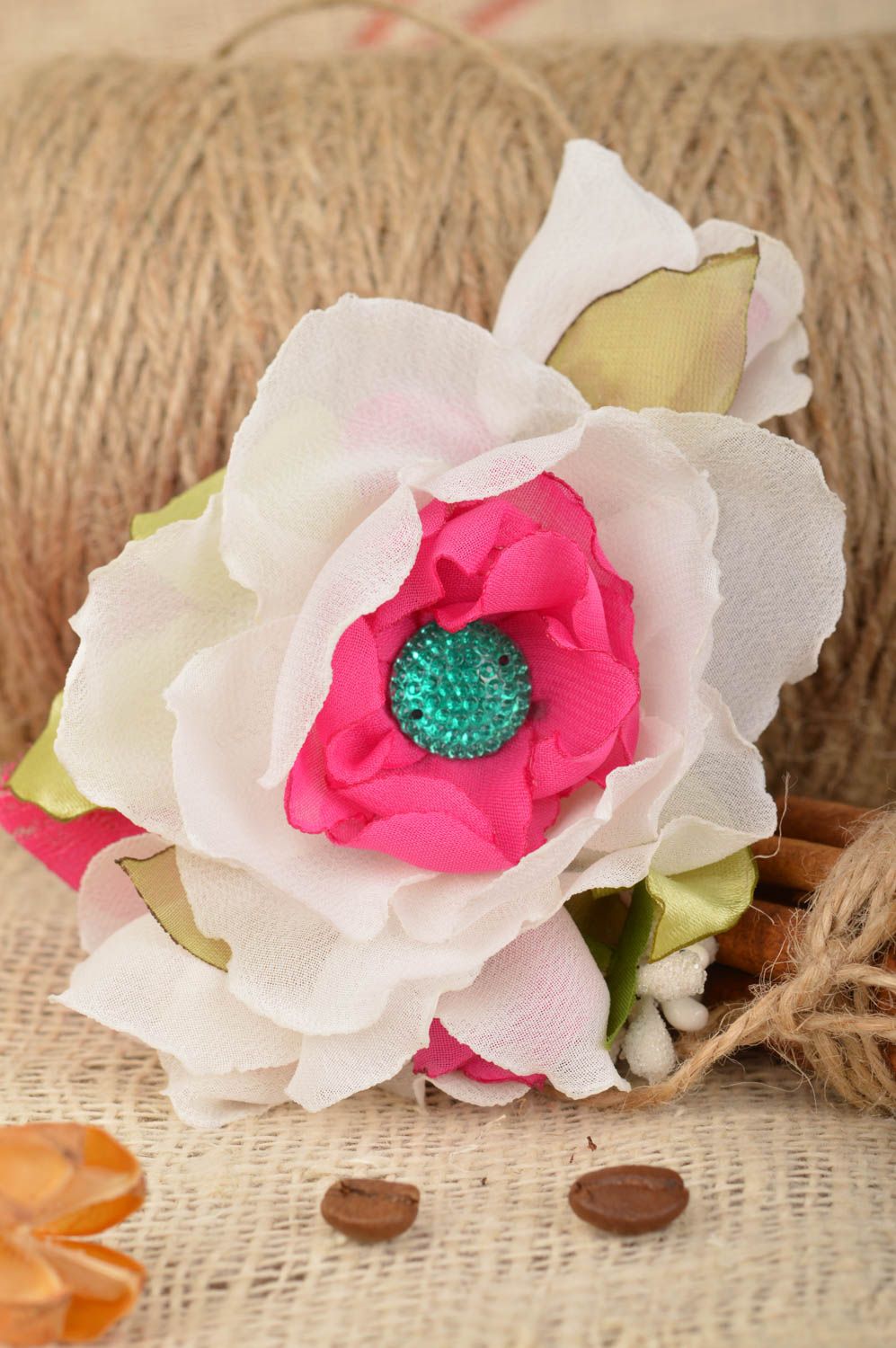 Beautiful women's handmade designer chiffon fabric flower brooch pink and white photo 1