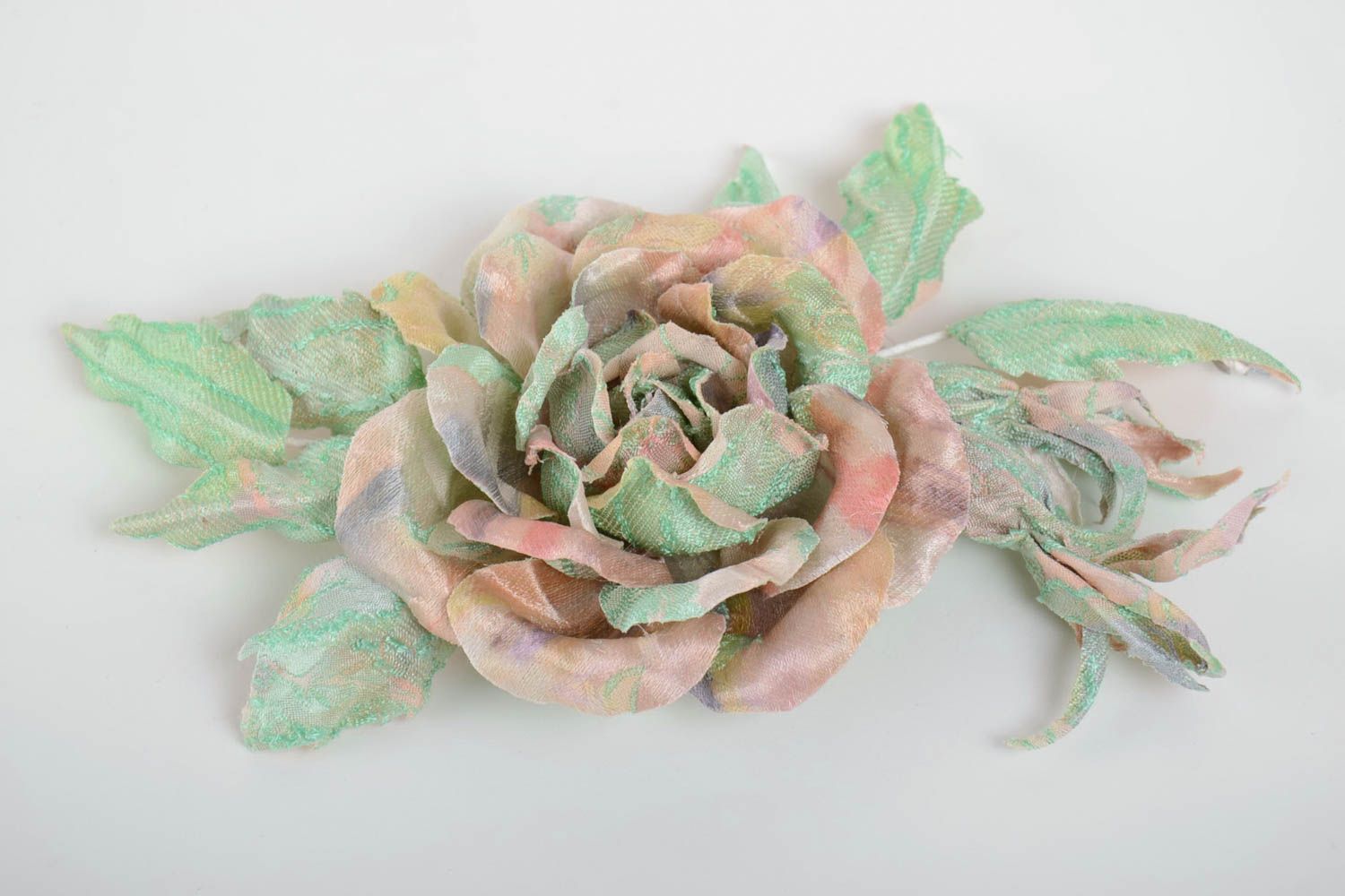 Handmade designer brooch with large volume fabric flower of pastel coloring photo 5