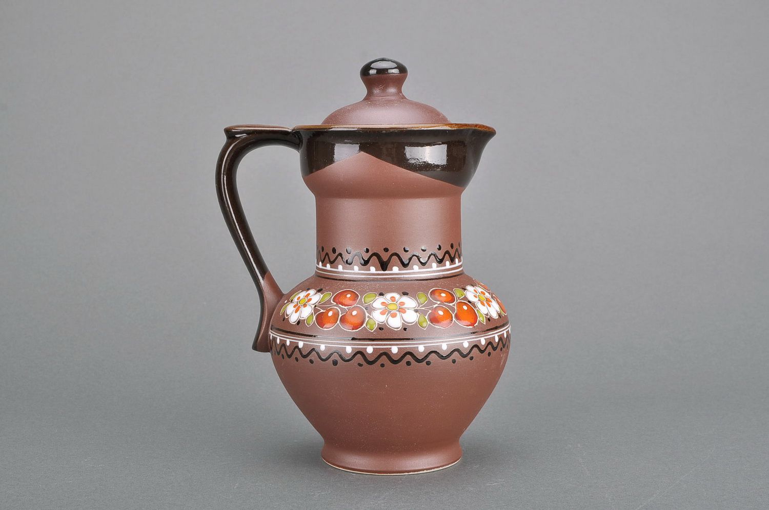 60 oz handmade brown ceramic milk jug with hand-painted pattern with handle and lid 2,34 lb photo 1