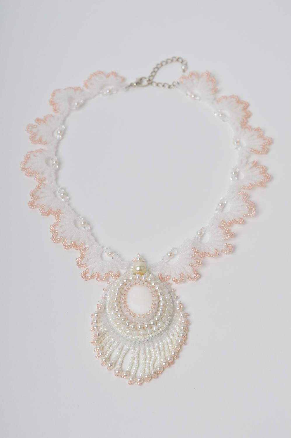 Handmade beaded stylish necklace leather white necklace festive jewelry photo 2