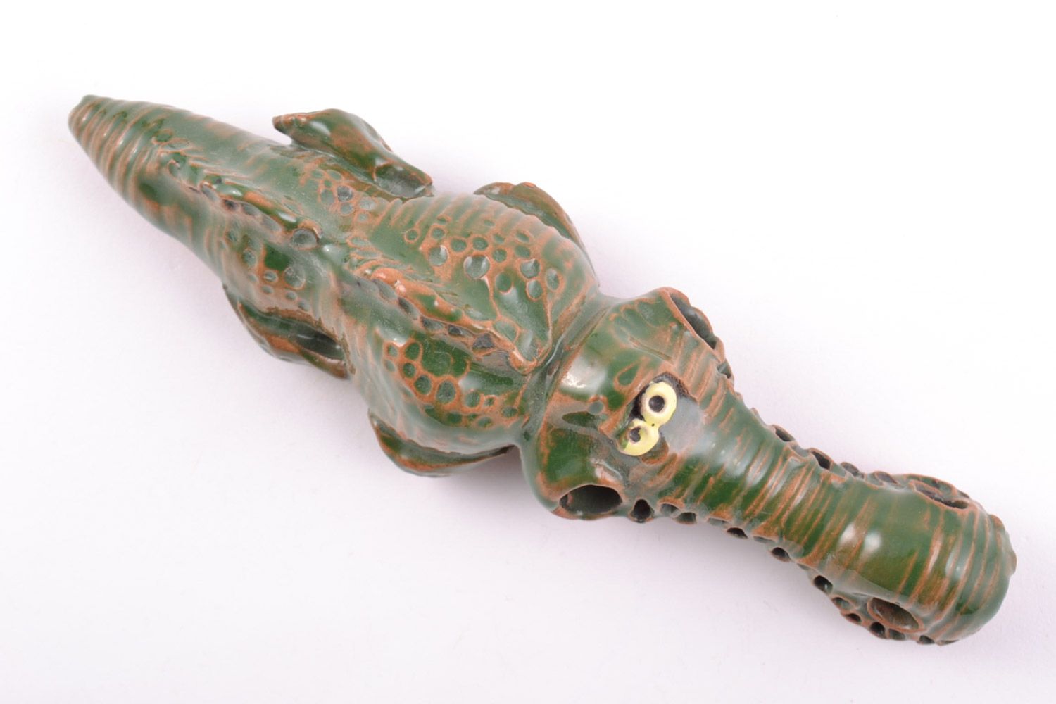 Handmade small souvenir ceramic figurine of crocodile painted with glaze photo 3