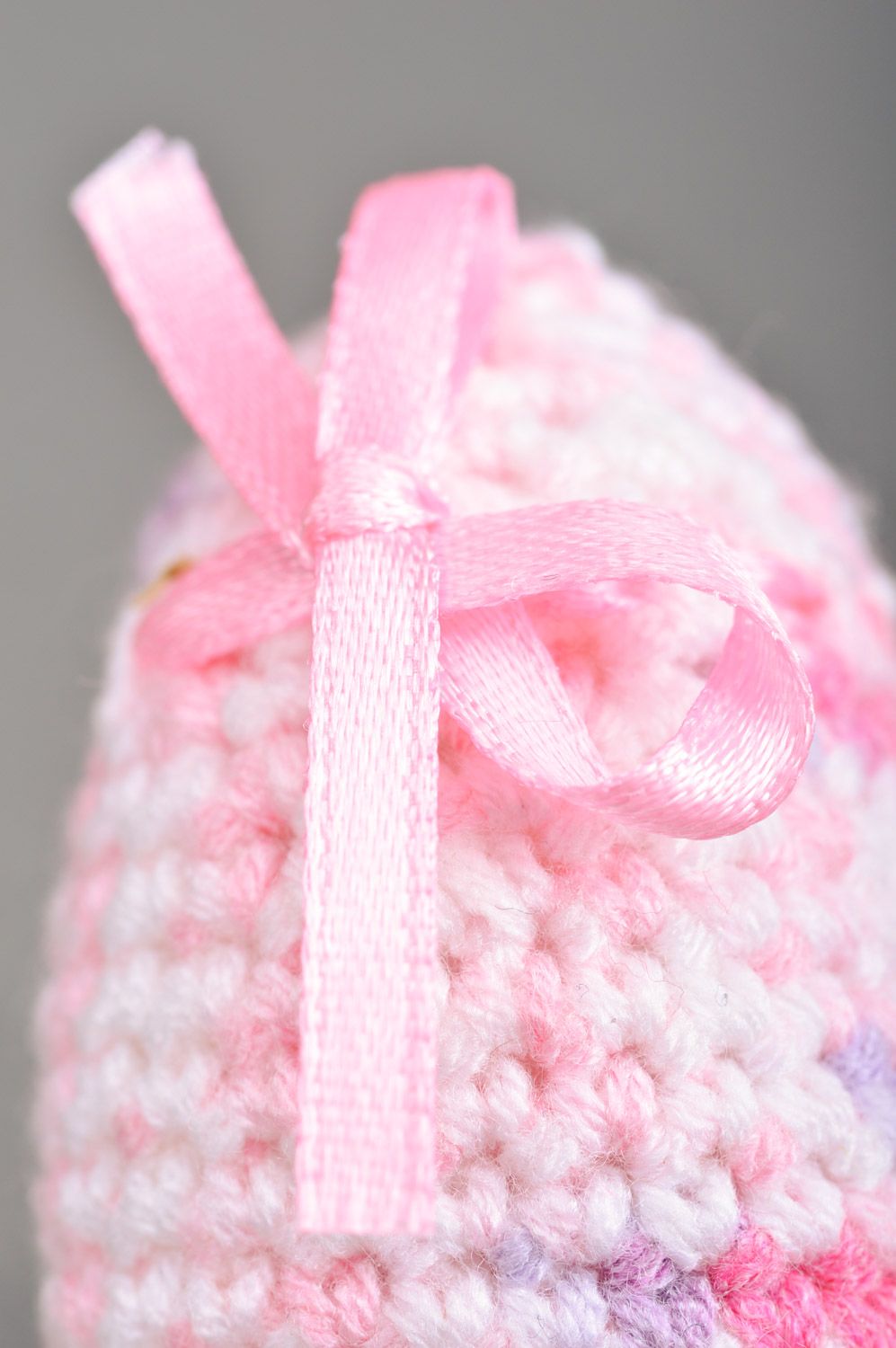Handmade decorative soft Easter egg crocheted of pink threads with bow photo 4