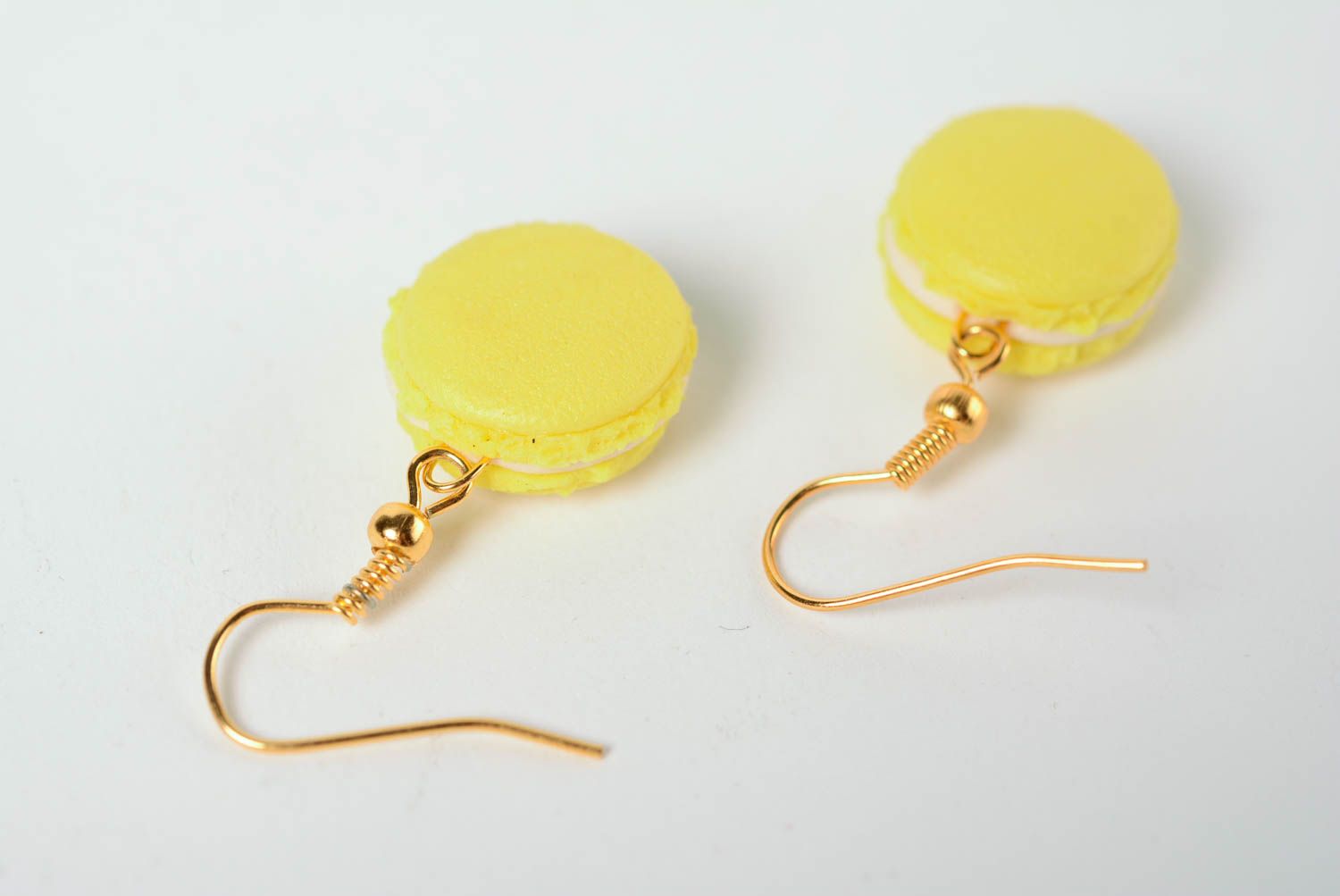 Unusual yellow handmade designer polymer clay earrings Macaron photo 4